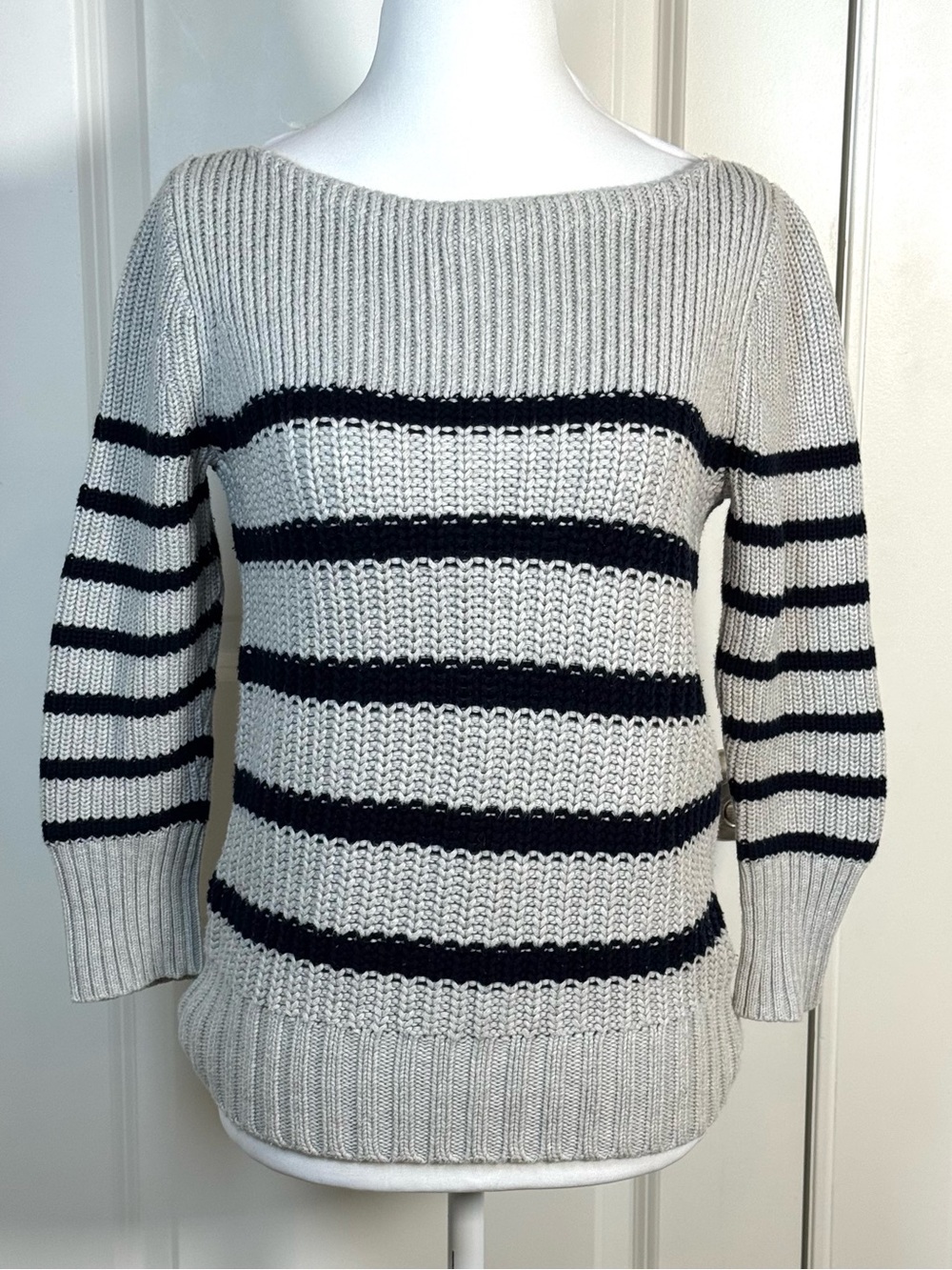 J.Crew Boatneck Sweater XS Light Gray Navy Stripe Cotton Chunky Knit Coastal